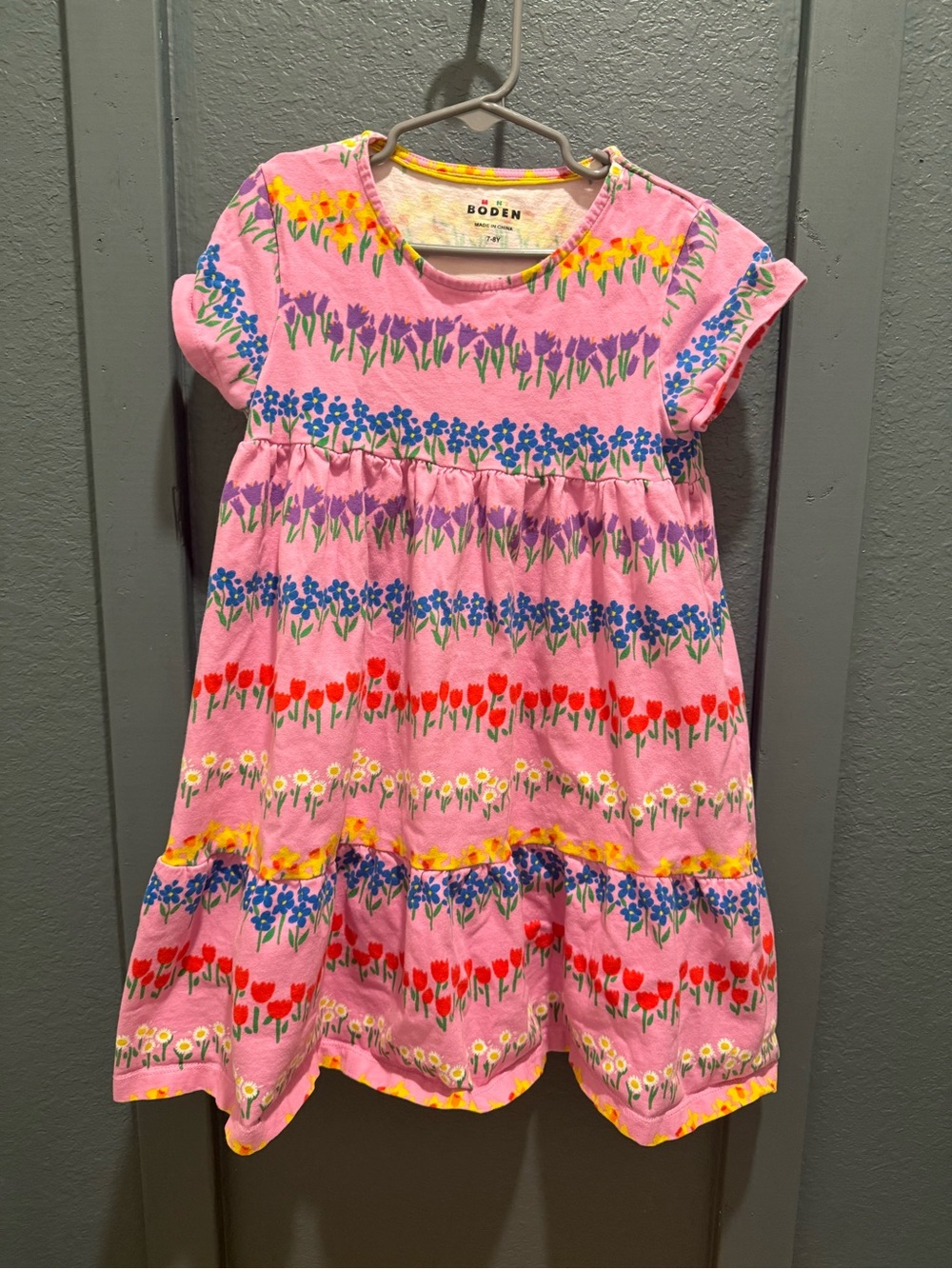 Mini Boden Tiered Cotton Jersey Dress In Cosmos Pink Floral Stripe size 7-8Y